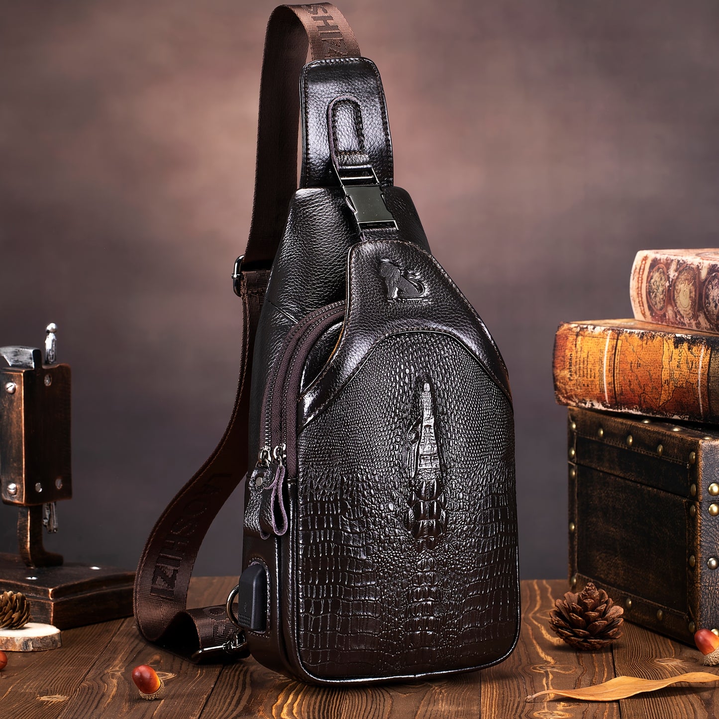 Men's Genuine Leather Crossbody Chest Bag, Top Layer Cowhide Genuine Leather Sling Bag, Large Capacity Double-Layer Chest Bag Shoulder Bag, Perfect for Valentine's Day, Teacher's Day, Back-to-School, Graduation, and Christmas
