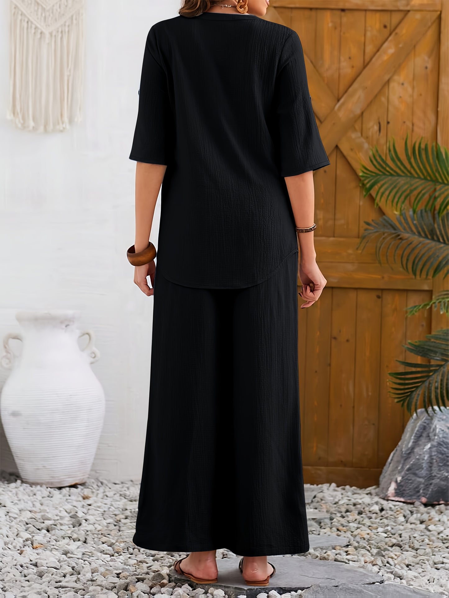 Women'S Large Size Elegant Wide Leg Pants Short Sleeve Top Set with Fake Buttons, YUKIWI