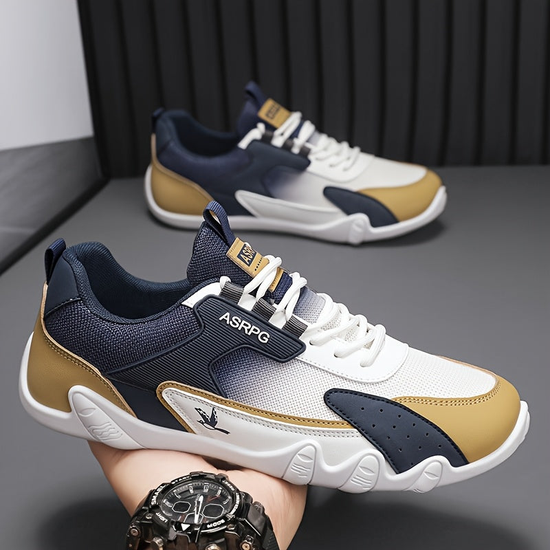Men's Breathable Low-Top Casual Sneakers - Sporty Lace-Up Walking Shoes with Navy/White/Golden Accents, All-Season Outdoor & Everyday Comfort, Durable Fabric Upper & PVC Sole, Comfortable Footwear, Sleek Shoe Design, Lightwei