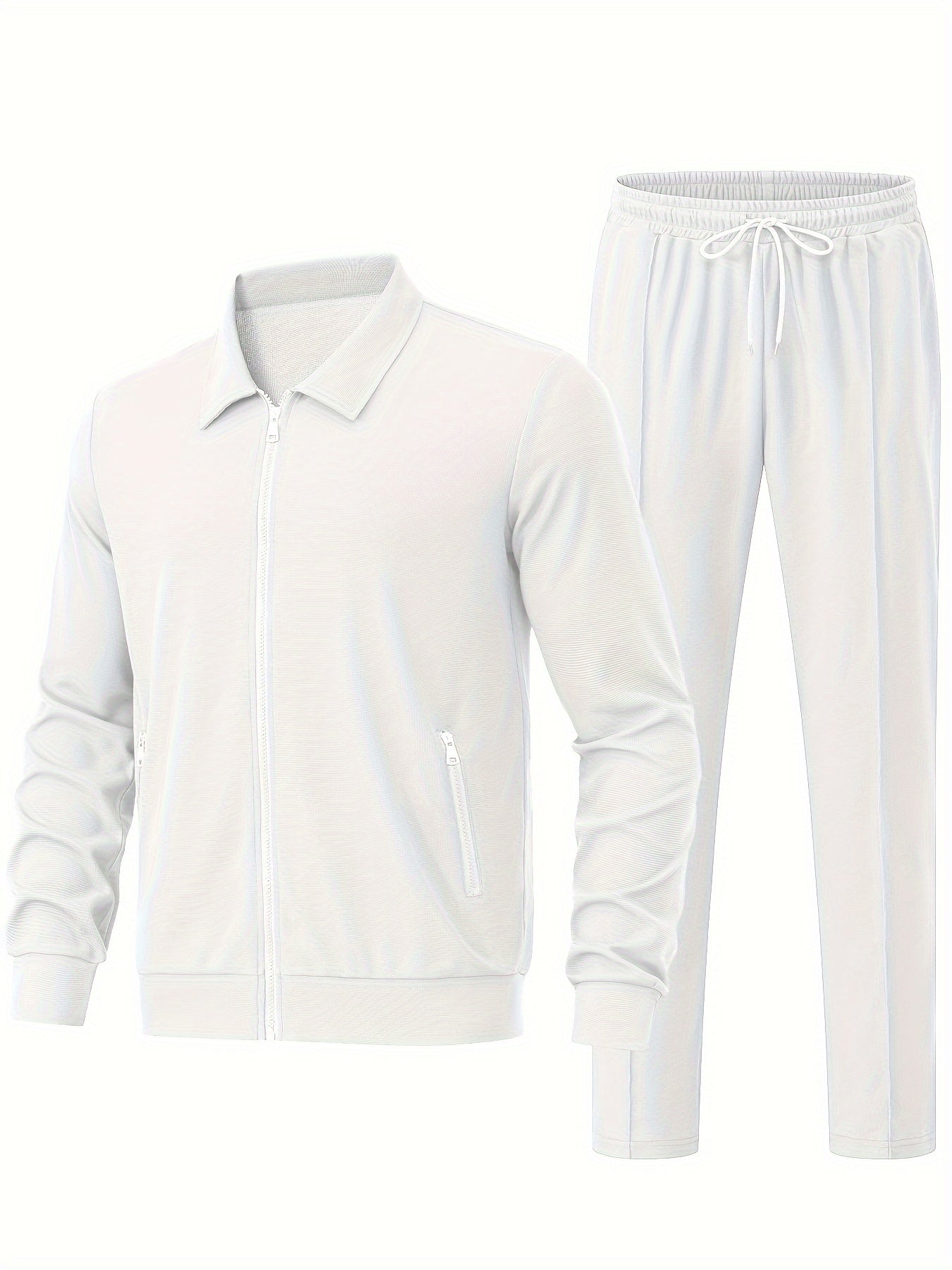 Men's Solid Waffle 2pcs Athletic Outfits, Zip-up Jacket & Pants co ord set for Outdoor Sports