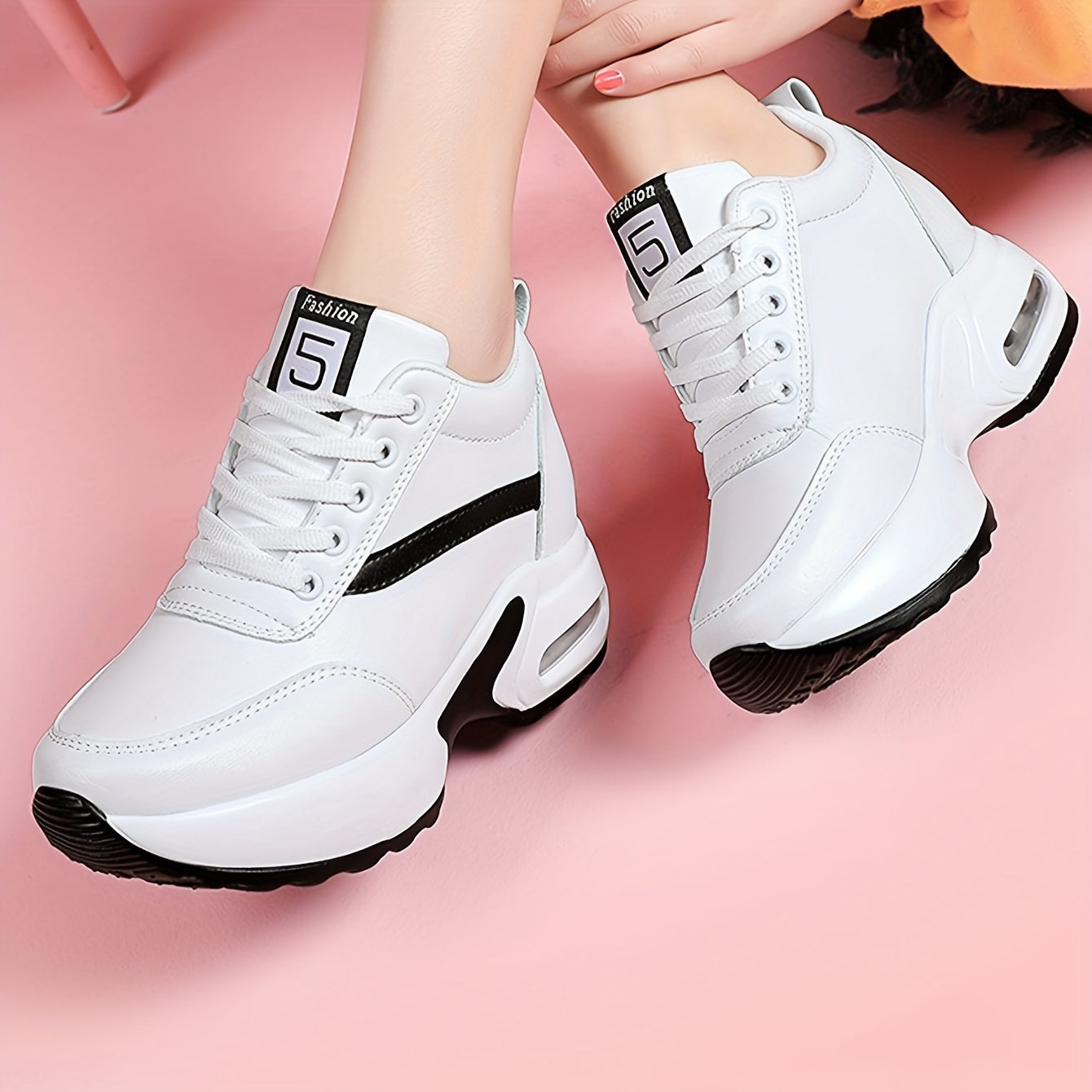 Women's Lace-up Front Chunky Sneakers With Air Cushion, Fashion Platform Sneakers With Hidden Heel For Outdoor Walking