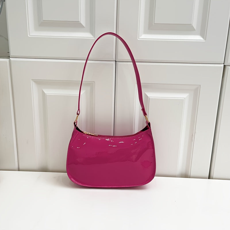 Trendy Glossy Shoulder Bag, Women Patent PU Leather Handbag, Simple Solid Color Underarm Purse