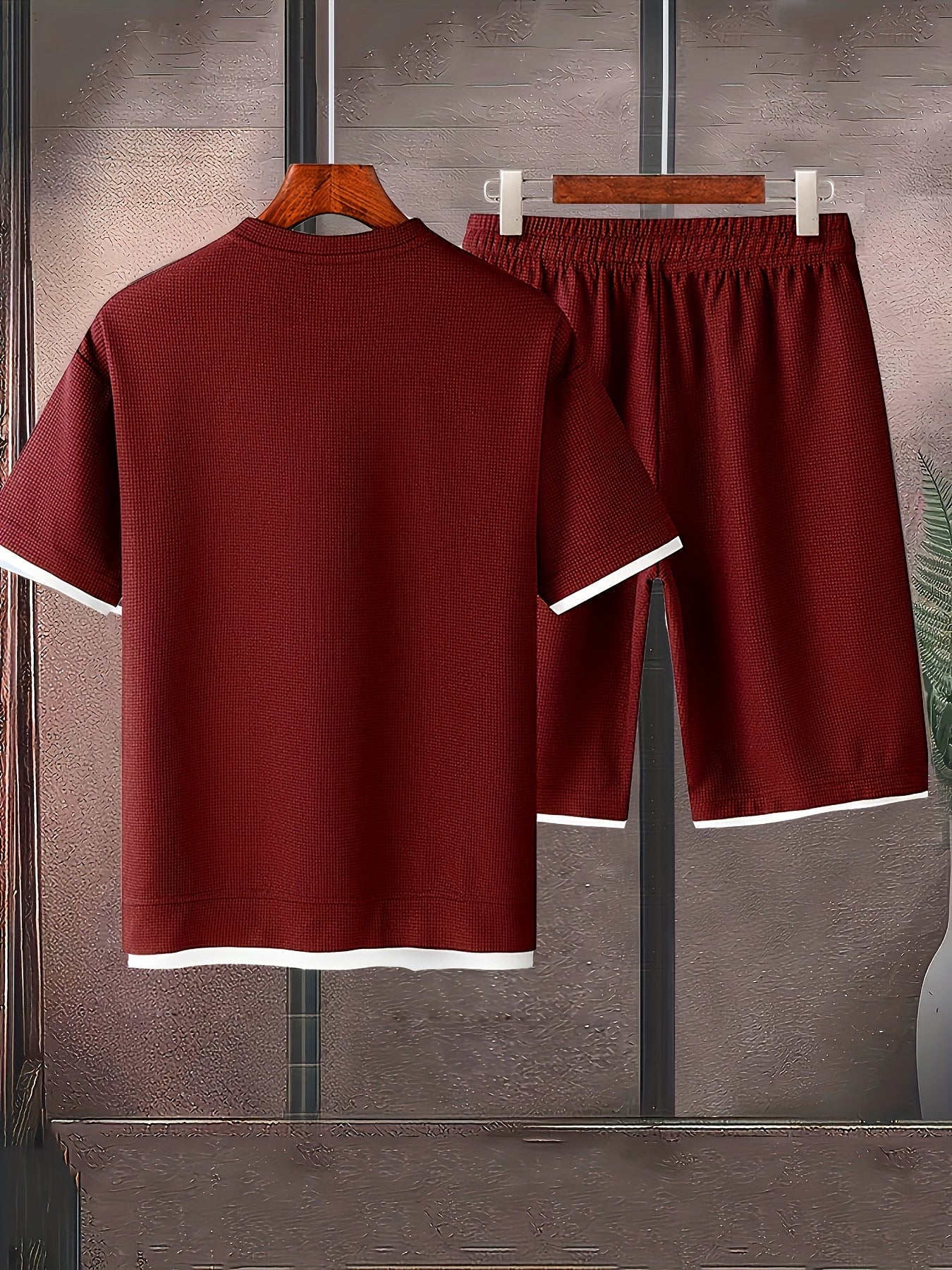 Waffle short-sleeved T-shirt Men's casual sports suit summer loose fake two-piece half-sleeve T-shirt set