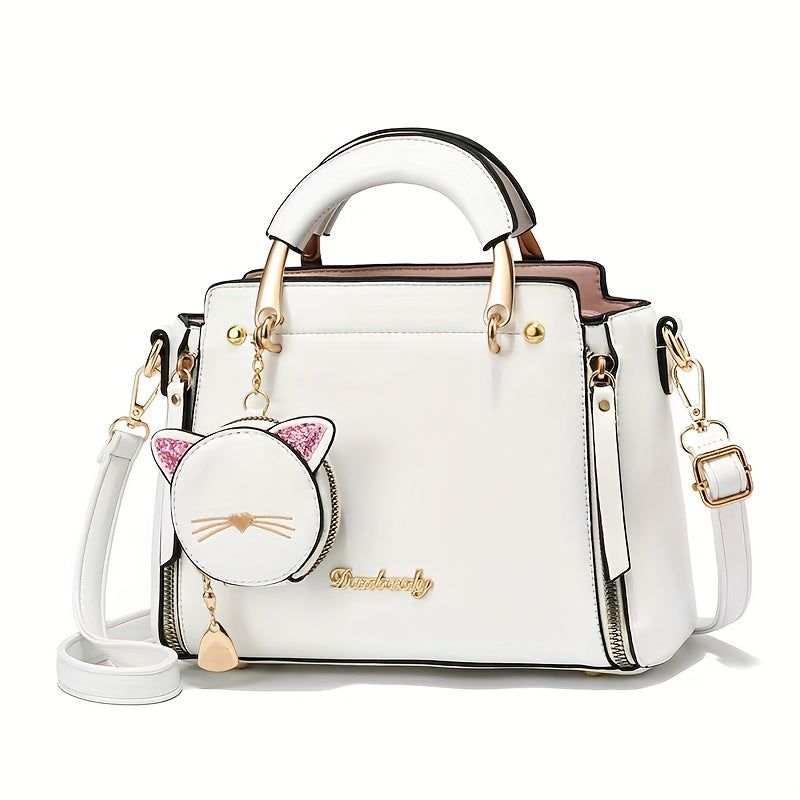 Women'S Fashion Cat Head Handbag, 2025 Trendy Shoulder Bag with Zipper Closure, Polyester Lined, Painted Edges, Versatile Solid Color - White, Red, Black, Pink, Khaki, Grey, Blue, Green, Purple, Light Blue