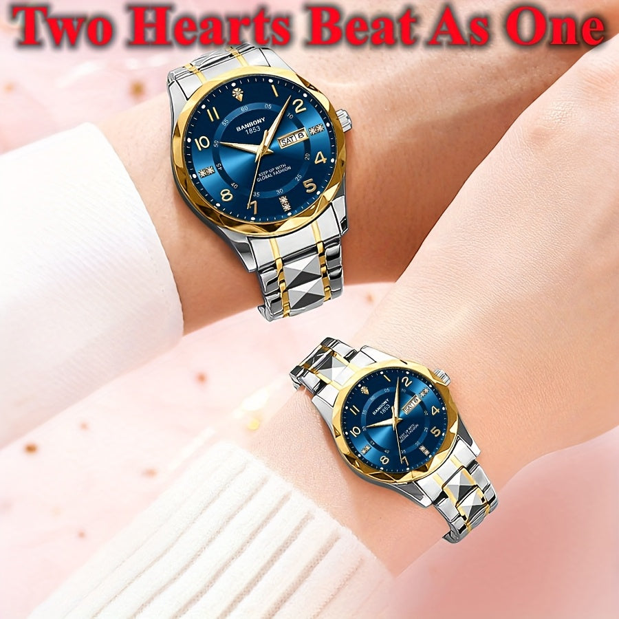 2pcs BNDBONY Brand Men And Women Couples Quartz Watch Stainless Steel Strap Scratch-Resistant Wear Luminous Pointer Digital Simple Hd Disc IPX7 Waterproof Fashion Multifunctional Couples Watch Holiday Couples Lover Birthday G