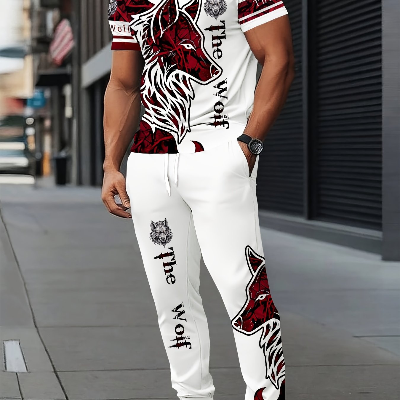 Men's polyester sportswear | Elegant and casual round neck with a Wolf head | Slightly elastic knitted strap with 3D printing | 2pcs set with normal style | Patterned short-sleeved T-shirt and trousers