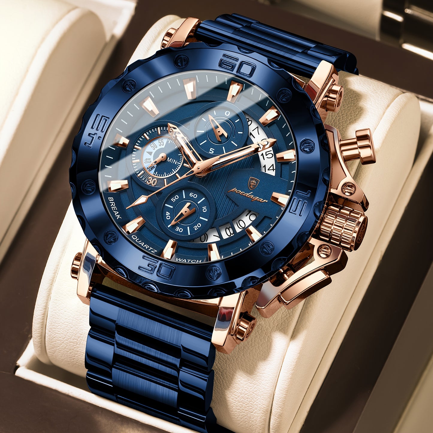 POEDAGAR Men'S Luxury Stainless Steel Business Watch with Date Display, 3ATM Blue Dial, Rotating Bezel, Alloy Case, Quartz Movement - Elegant Formal Accessory, Formal Accessory|Luxurious Watch|Quartz Movement Watch