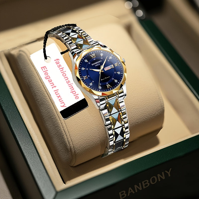 1pc Elegant BANBONY Stainless Steel Women'S Watch with Sparkling Rhinestones, Double Calendar, Glow-in-the-Dark Display, Waterproof - Ideal Gift for Birthdays, Anniversaries, and Special Occasions, Luxury Accessory | Elegant