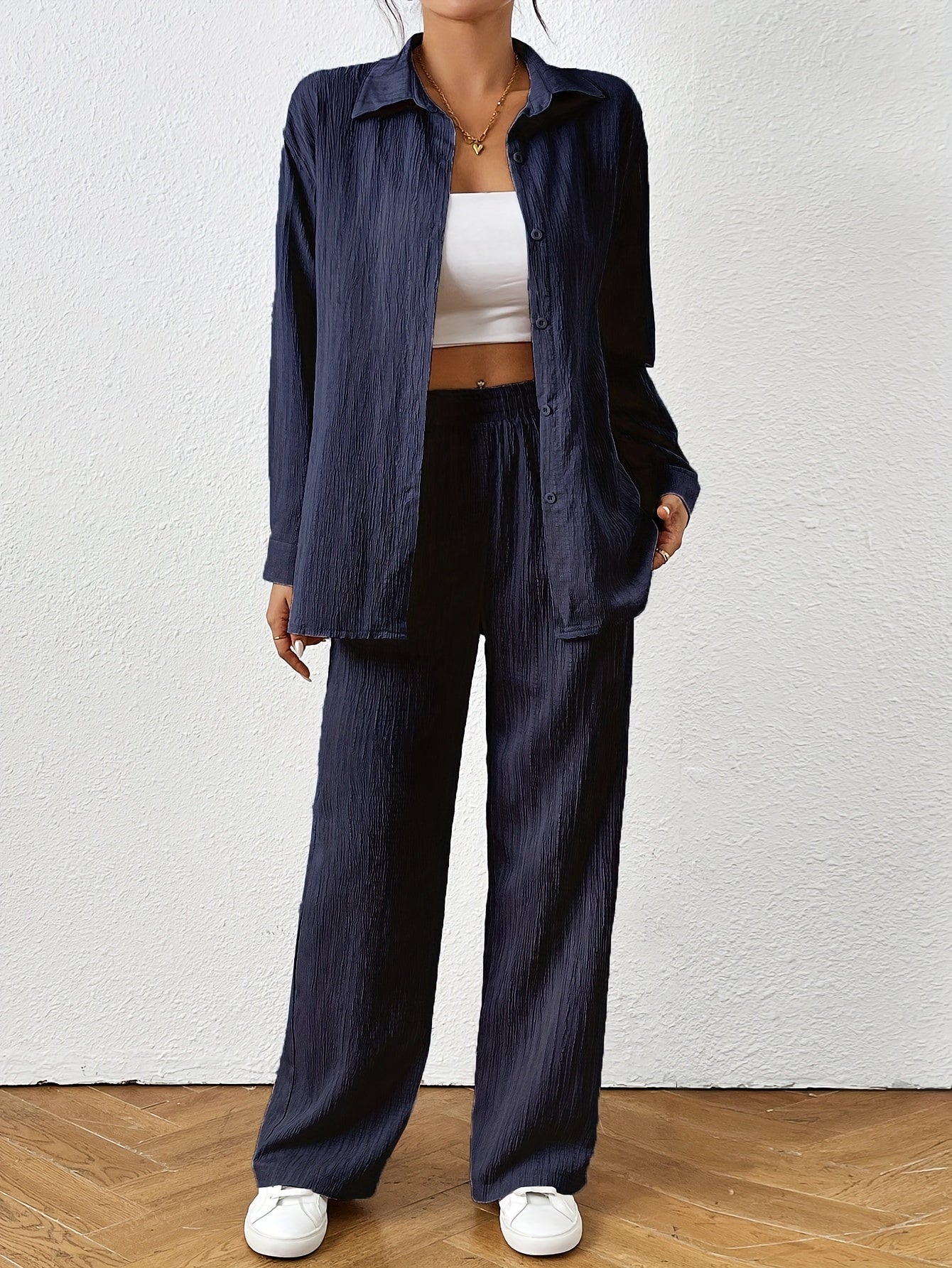 2pcs Women Spring & Autumn Casual Solid Color Long Sleeve Shirt And Pants Set