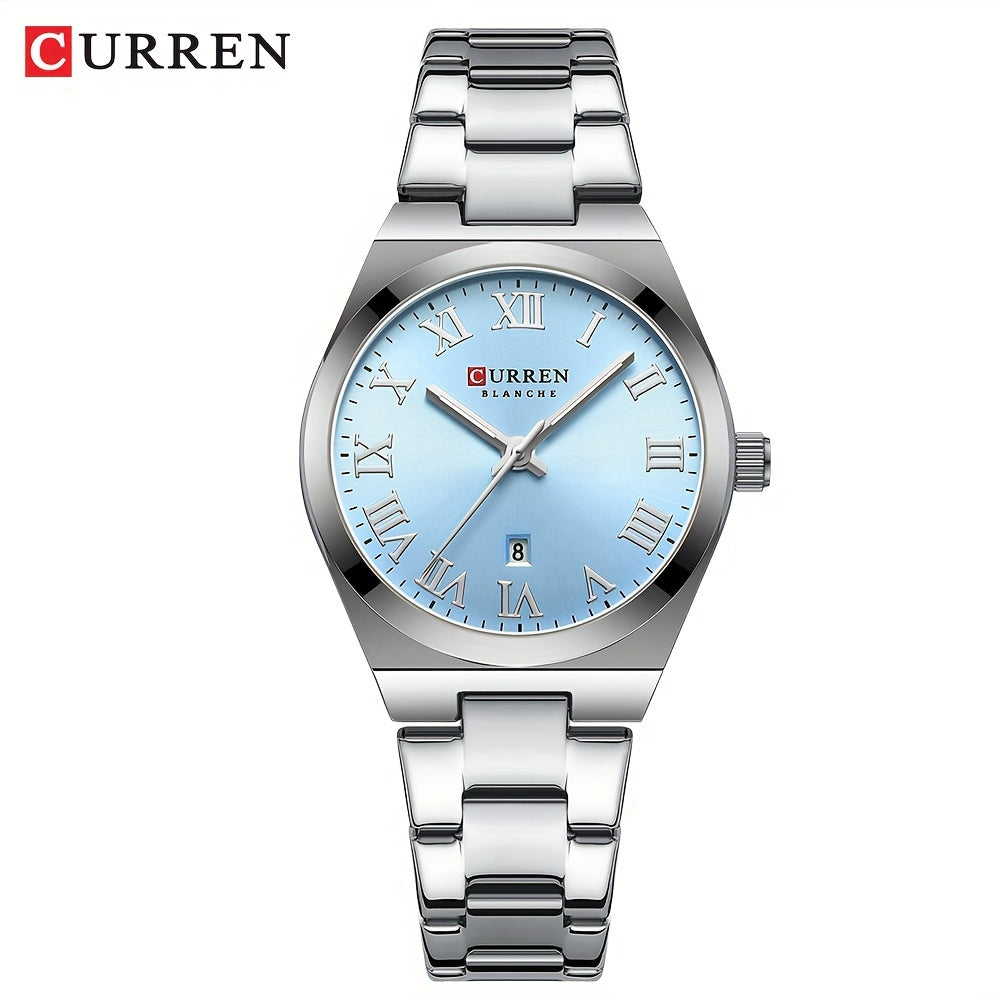 Fashionable Brand Of CURREN Ladies' Watches With A Casual And Simple Stainless Steel Strap, Featuring A Calendar And Quartz Movement.
