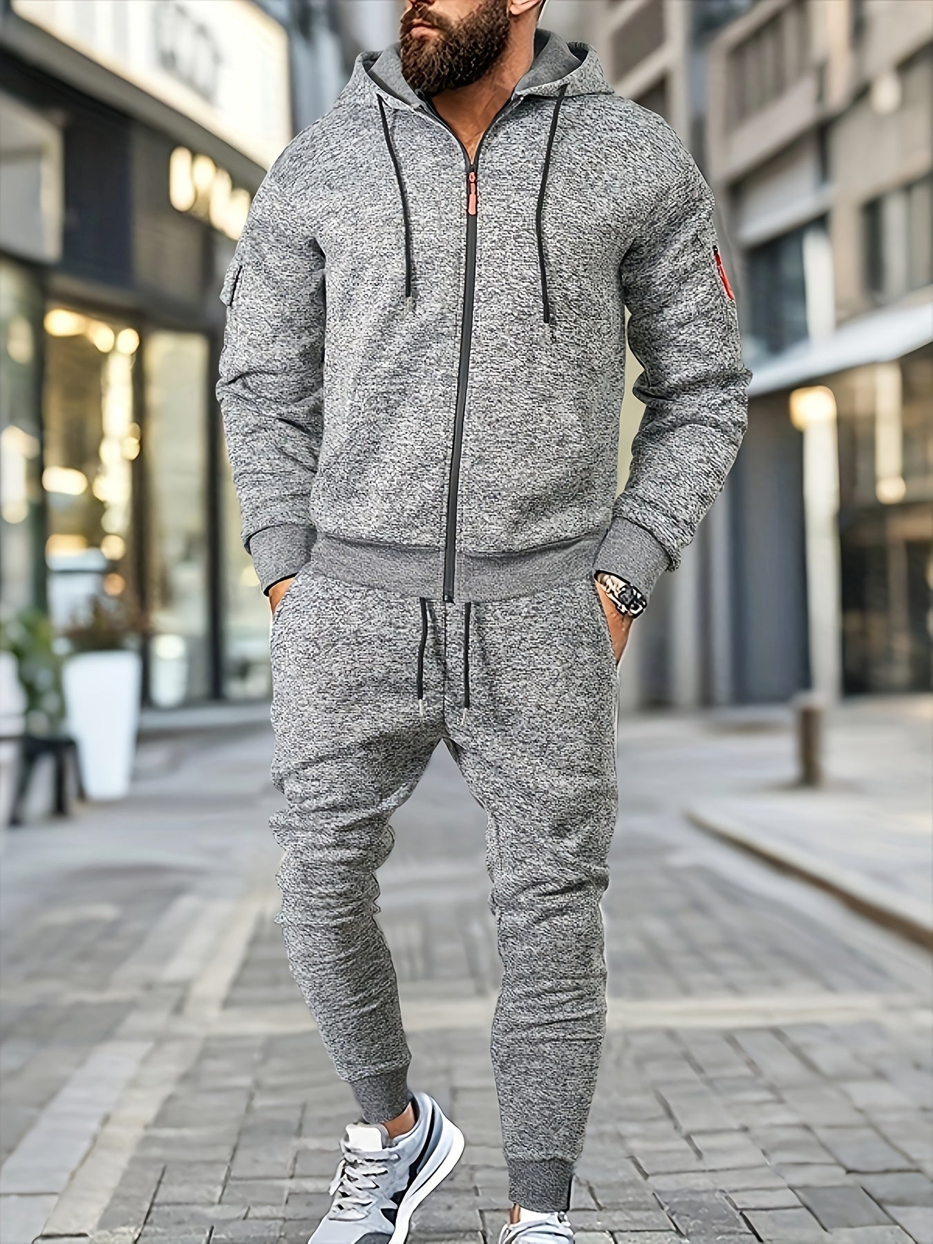 Men's Casual Sports Hoodie and Pants Set with Zipper, Drawstring, Fleece-Lined - Polyester Blend, Machine Washable
