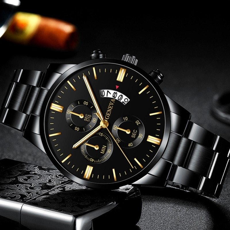 Men'S Luxury Black Stainless Steel Quartz Watch with a Date Feature, Ideal for Business Occasions.