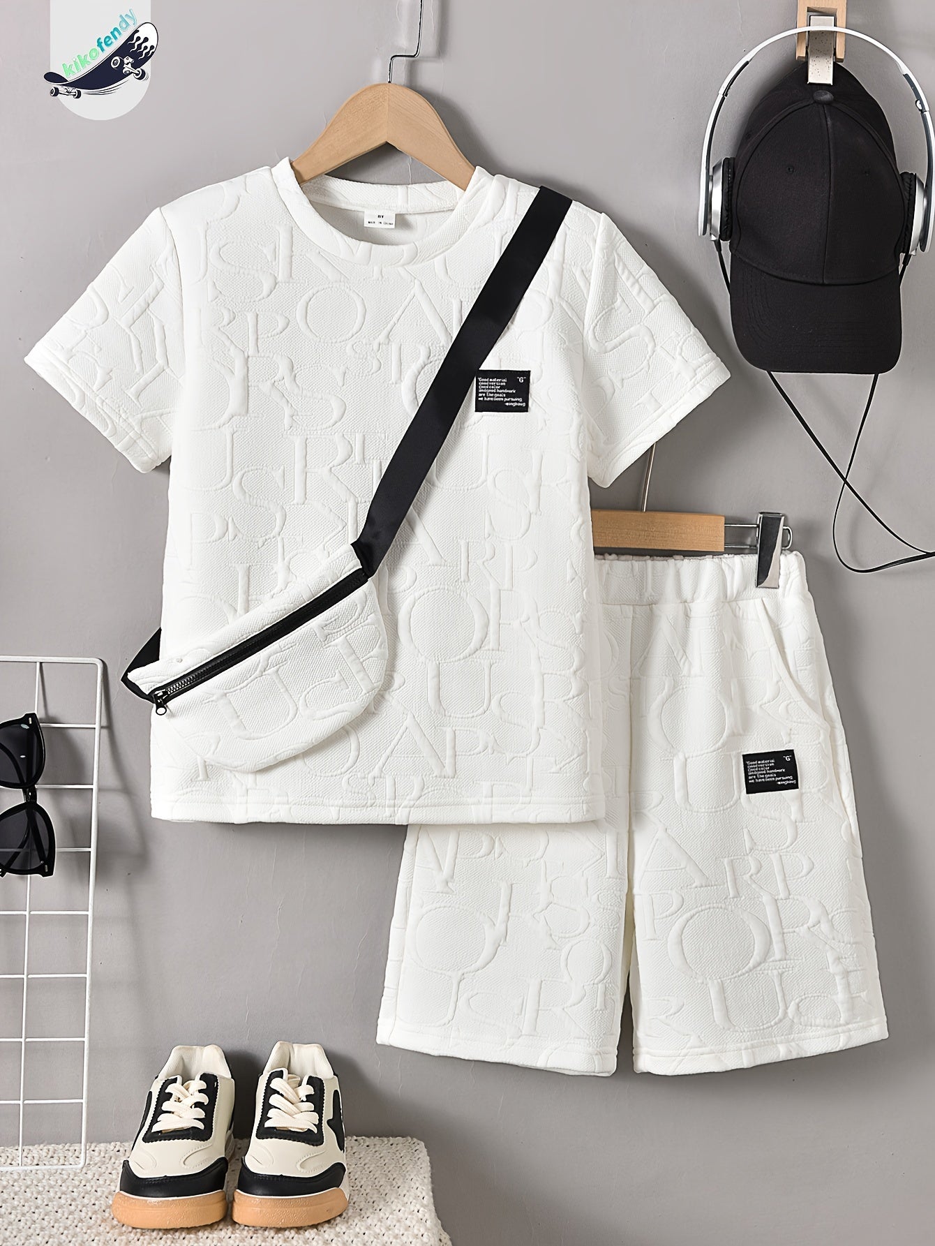 Boys' Stylish White Short Sleeve T-Shirt + Casual Shorts + Fashion Crossbody Bag Set, Perfect for Outdoor