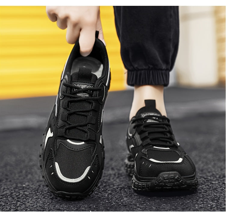 Men's Trendy Chunky Sneakers - Breathable Mesh & PU Upper, Durable PVC Sole, Lace-Up Casual Sneakers in Gray, Black & Orange, All-Season Comfort for Casual Attire