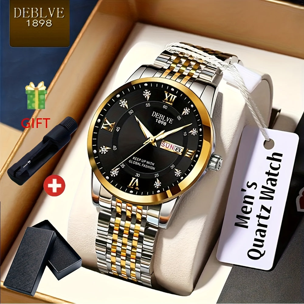 Elegant Men'S Stainless Steel Quartz Watch with Luminous Hands, Date Display & Week Indicator - Classic Design, Non-Waterproof, Battery Powered - Ideal Gift for Christmas, Halloween, Campus Related Events, Everyday Watch|Clas