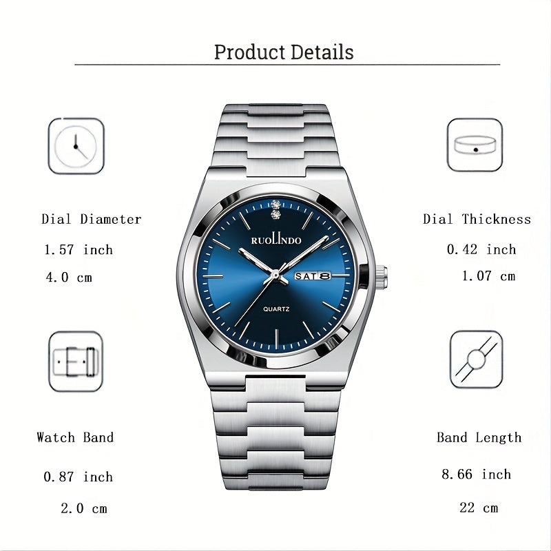 Business Casual Watch | Unisex Slim Quartz Watch | Stainless Steel Band | Date & Day Display | Durable Alloy Case | Elegant Pointer Design | Ideal for Office & Casual Wea