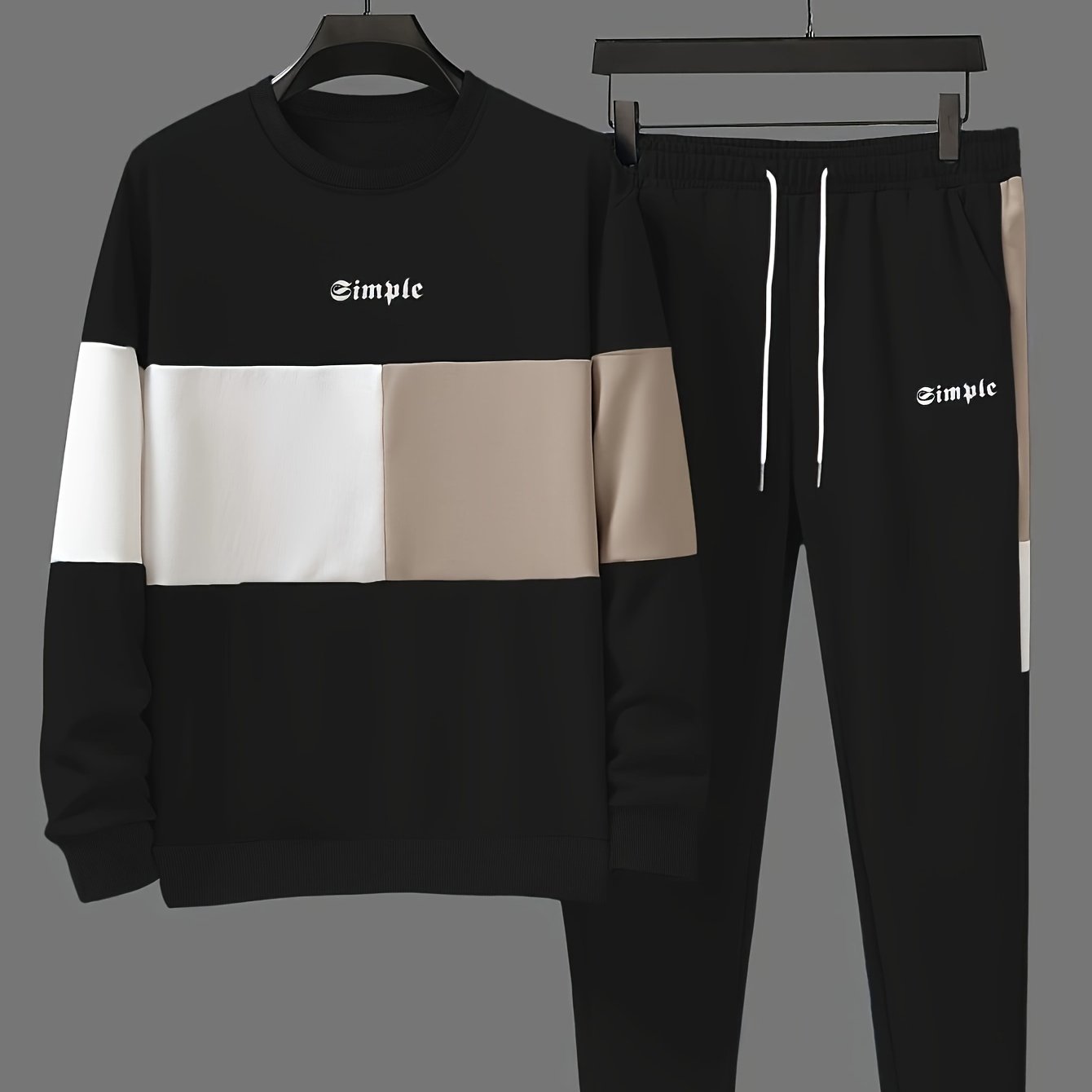 Men's Casual Crew Neck Sweatshirt & Joggers Set - Color Block, Polyester Blend, Machine Washable - Perfect for Spring/Fall, Leisure Style, Conventional Version, Spring/Autumn