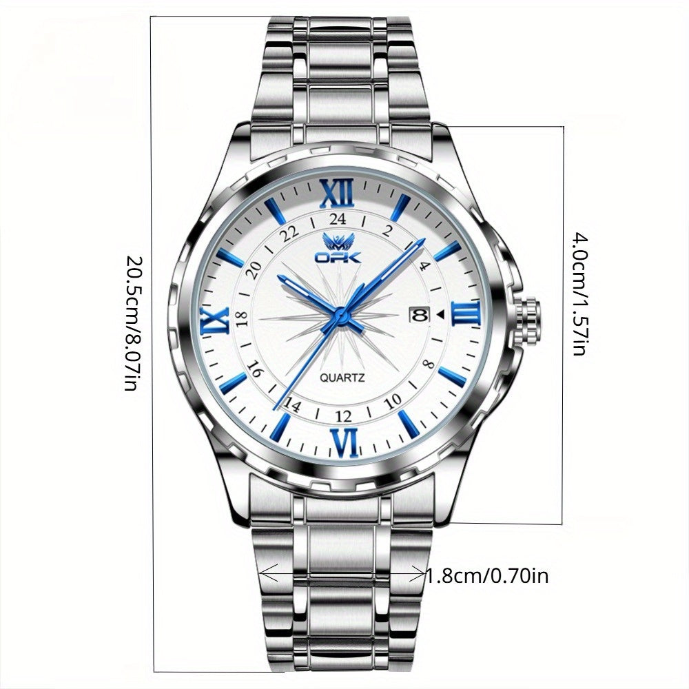 Elegant Luxury Men's Watch with Night Light, Roman Numerals & Date Display - Quartz Movement Stainless Steel Band for Business Casual & Formal Occasions