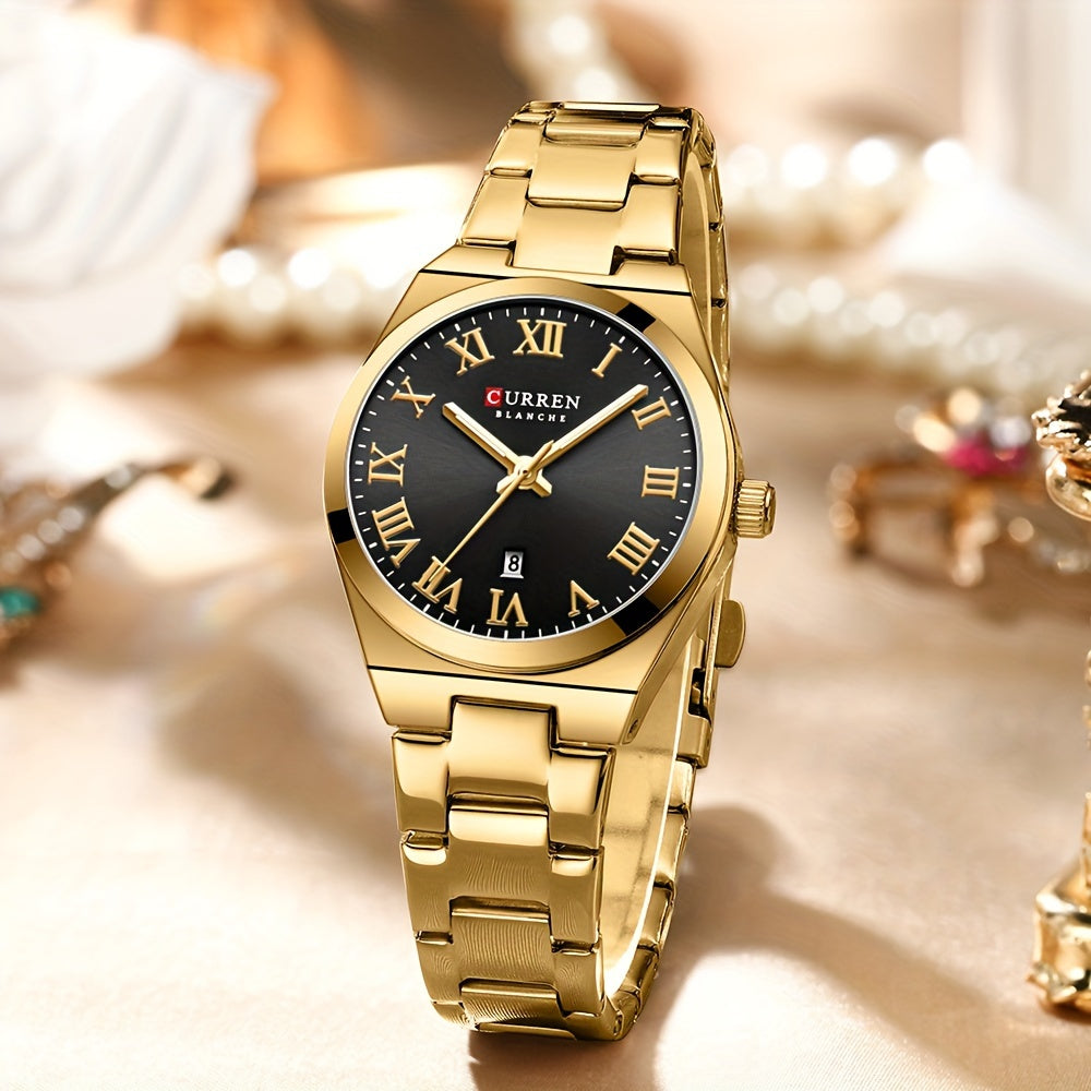 Fashionable Brand Of CURREN Ladies' Watches With A Casual And Simple Stainless Steel Strap, Featuring A Calendar And Quartz Movement.