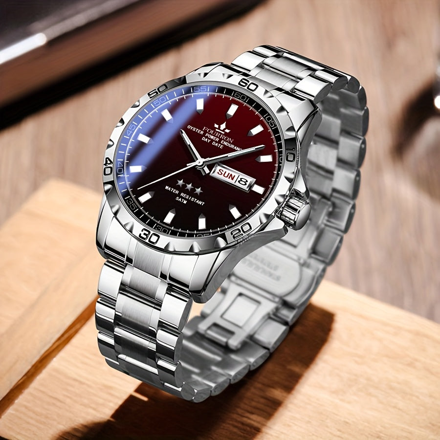 FOURRON Stainless Steel Quartz Watch with Black Dial, Date Display, Waterproof, Lightweight, Casual Style, Everyday Watch | Minimalist Watch | Stainless Steel Band