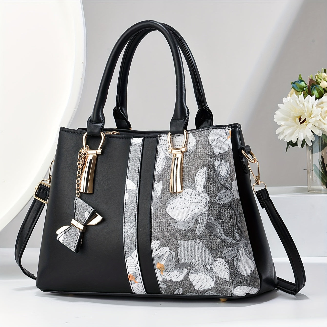 Chic Floral Print Handbag for Wo - Spacious 3-Layer Design with Pockets, Zip Closure, Durable PU Material - Available in Khaki, Cream, Green, Blue, Black