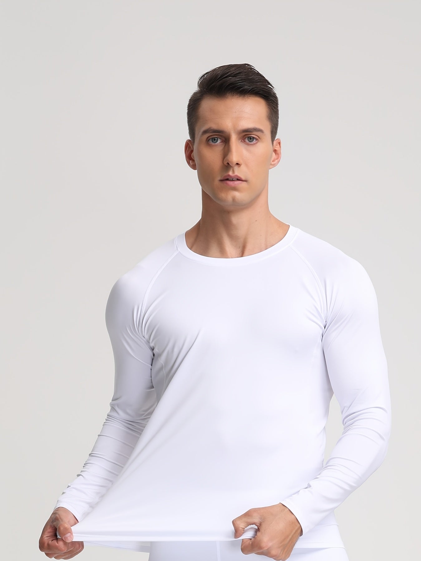 Elite Men's Long Sleeve Athletic Compression Shirt - Quick-Dry, Stretch Fabric, Round Neck, Solid White - Ideal for Gym, Running & Casual Home Wear - Machine Washable, Gym Clothes