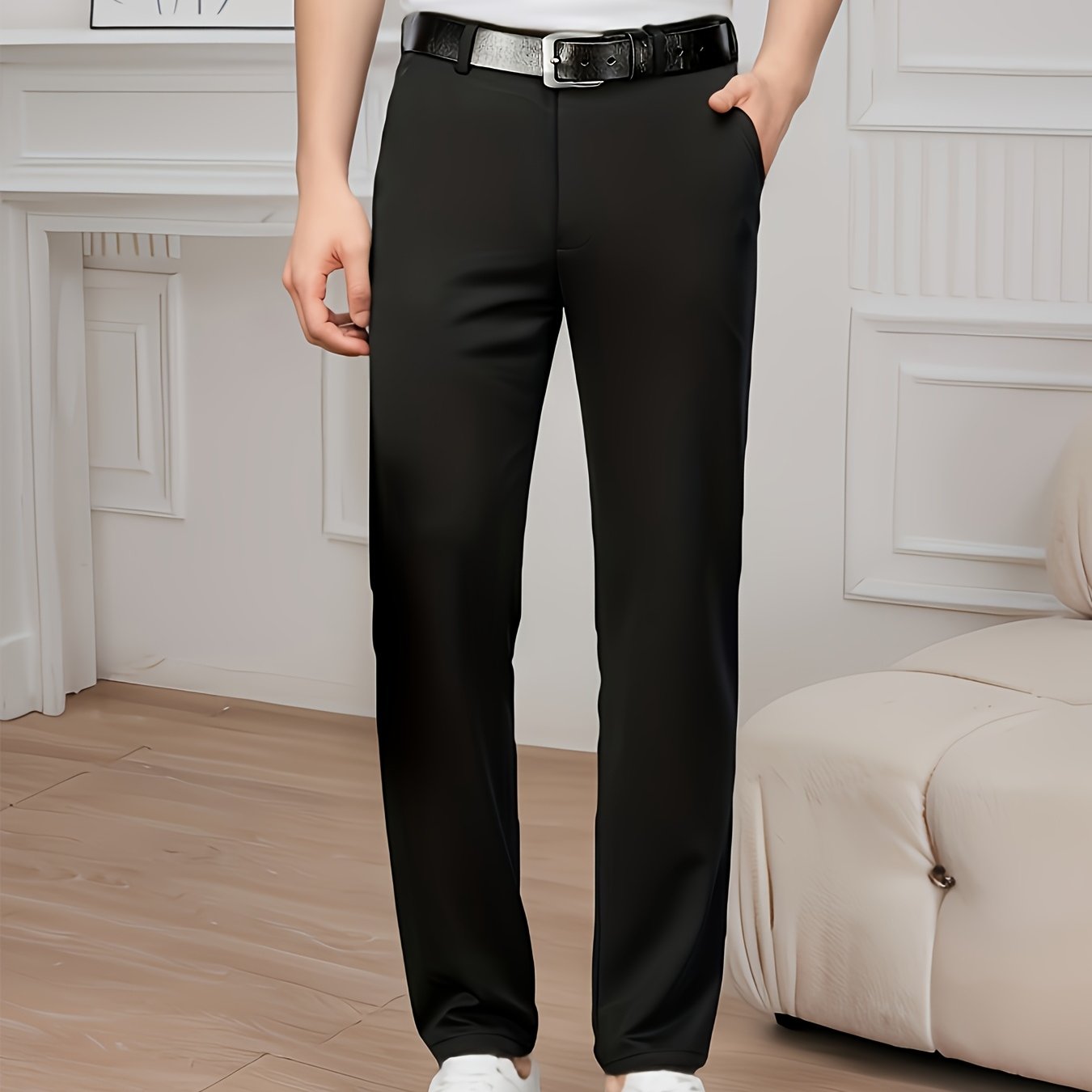 Men'S Classic Black Dress Pants - Nylon Blend, Straight Leg, Straight Leg Pants for Business Occasions