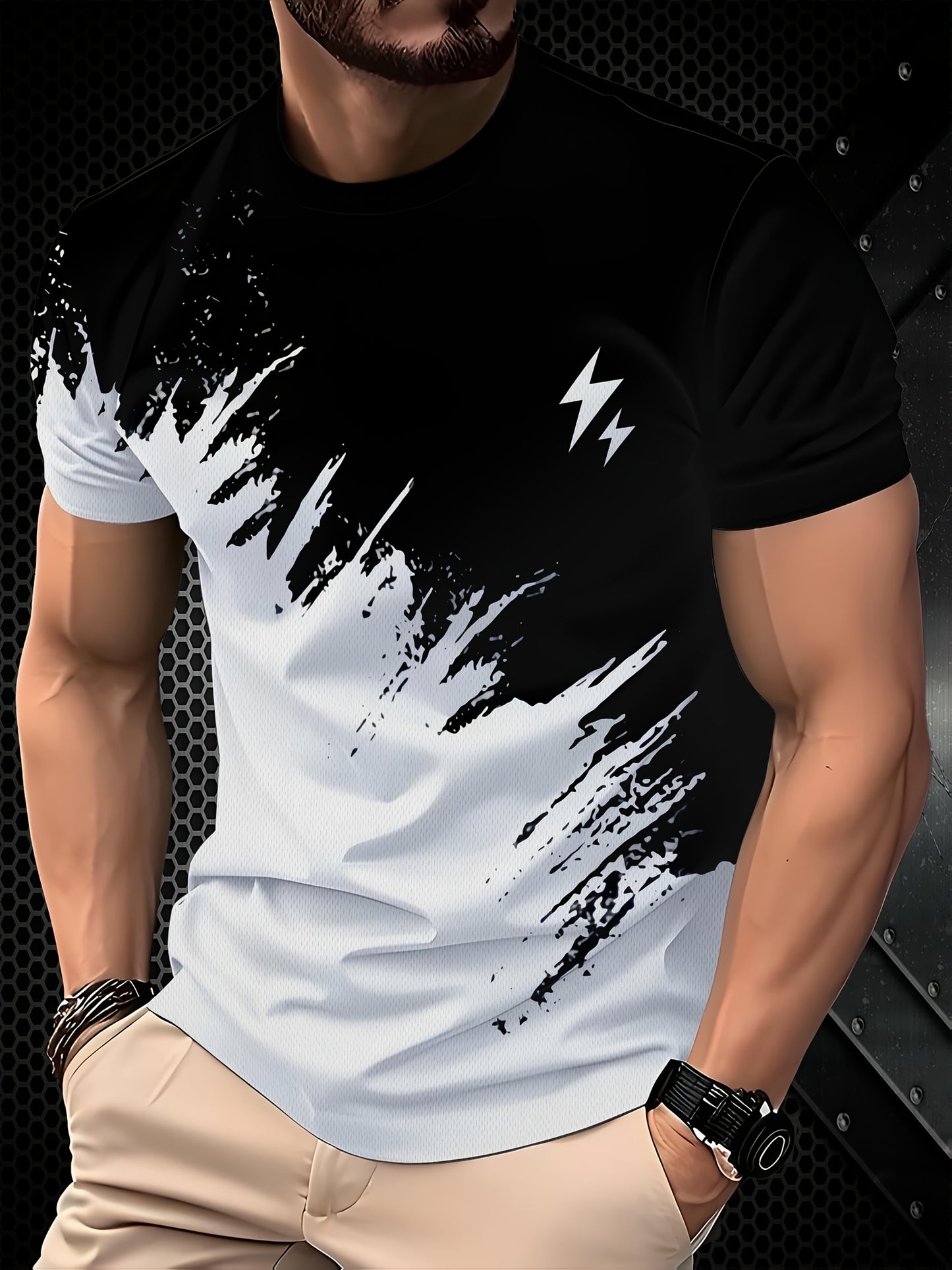Men's Casual Short Sleeve T-Shirt with 3D Lightning Print, Dual-Tone Design, Round Neck - Polyester Blend, Machine Washable, Ideal for Summer Outdoor Activities, Summer Casual Wear|Round Neck Top|Smooth Fabric