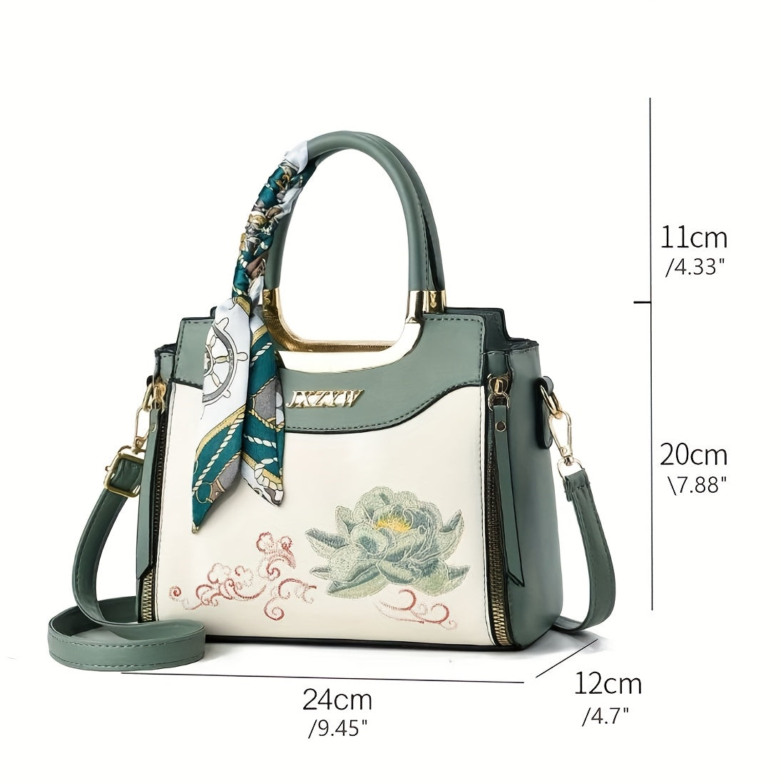 Stylish Women's Large Capacity Handbag with Floral Embroidery, Color-Block Design & Golden-Tone Hardware - Navy/Green/Wine Red, Polyester Lining, Secure Zipper Closure, Durable Commuter Tote for Work, Travel, Gift