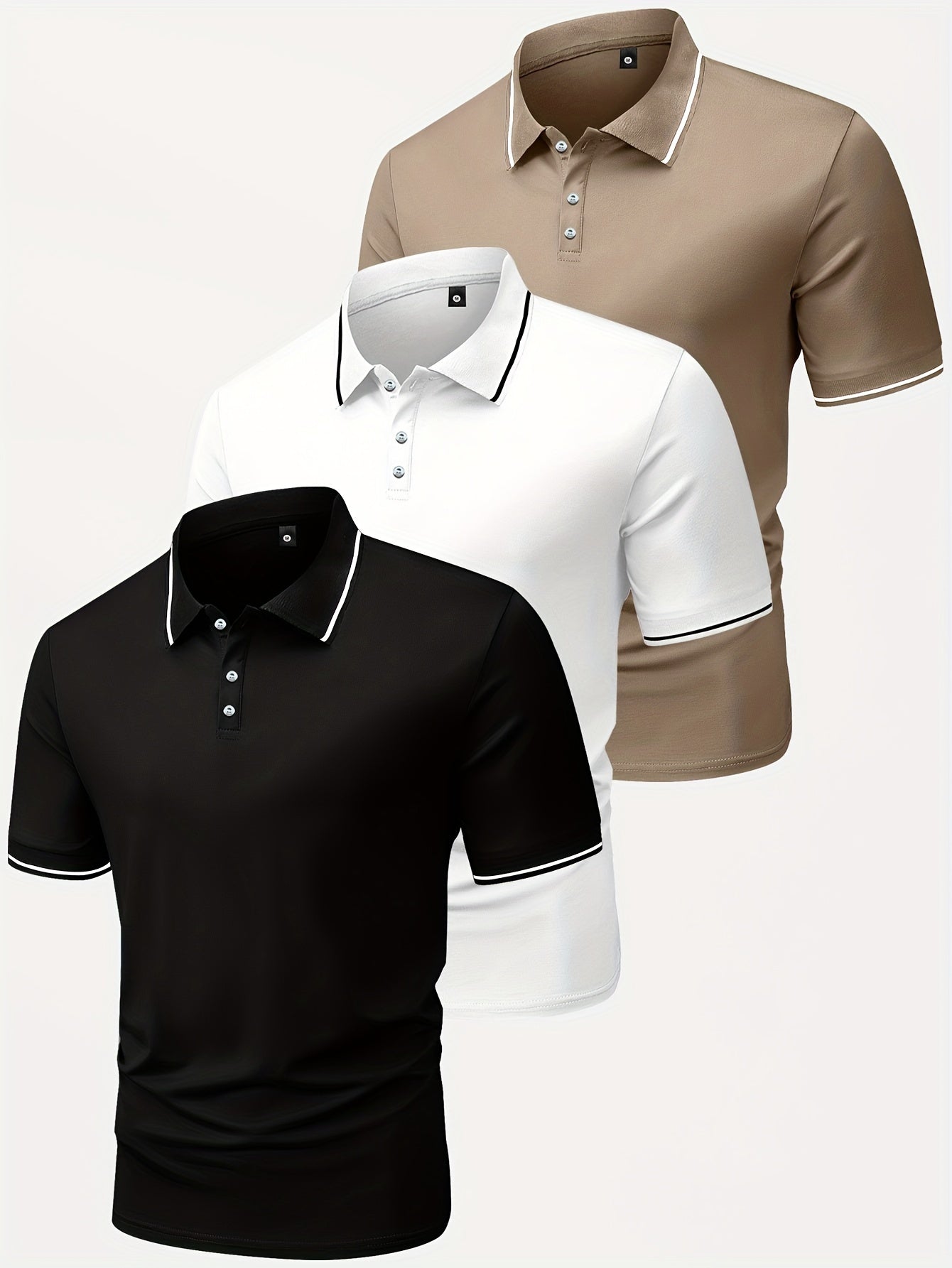 3pcs Men's Casual Fashion Shirts - Breathable Polyester, Short Sleeve, Button-Up with Classic Collar - Machine Washable, Summer Essentials in Black, White, and Beige