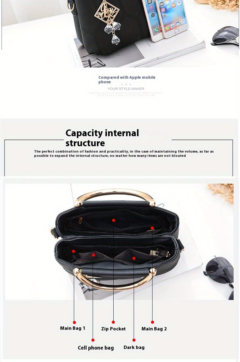 2025 New Women's Geometric Hexagon Pattern Crossbody Bag with Adjustable Strap & Golden-Tone Hardware - Zipper Closure, Polyester Lining, Multiple Colors (Khaki/Dark Gray/White/Pink/Red/Black) - Versatile for Casual & Formal