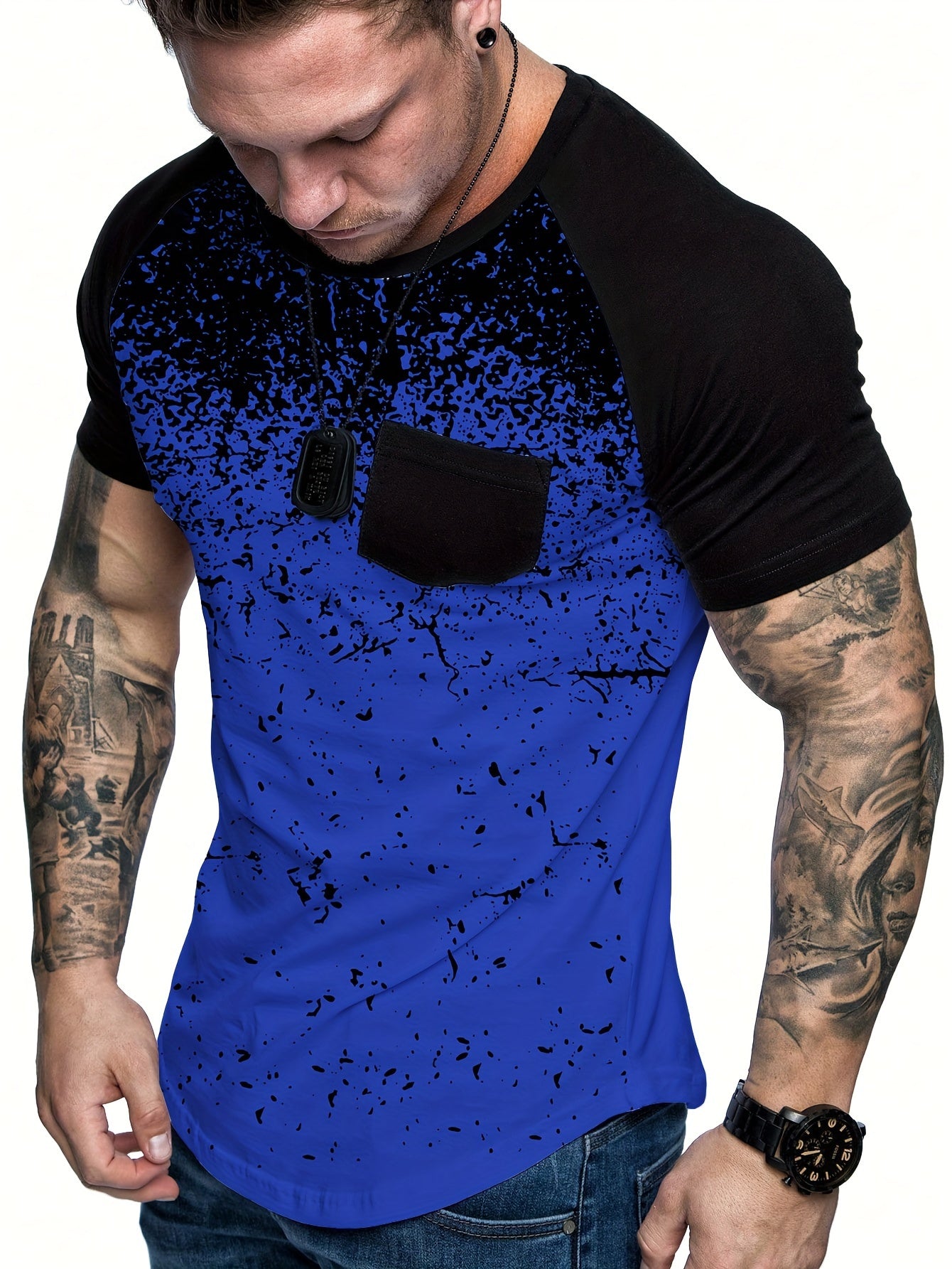 Chic Printed T-shirt, Men's Casual Street Style Stretch Round Neck Tee Shirt For Summer