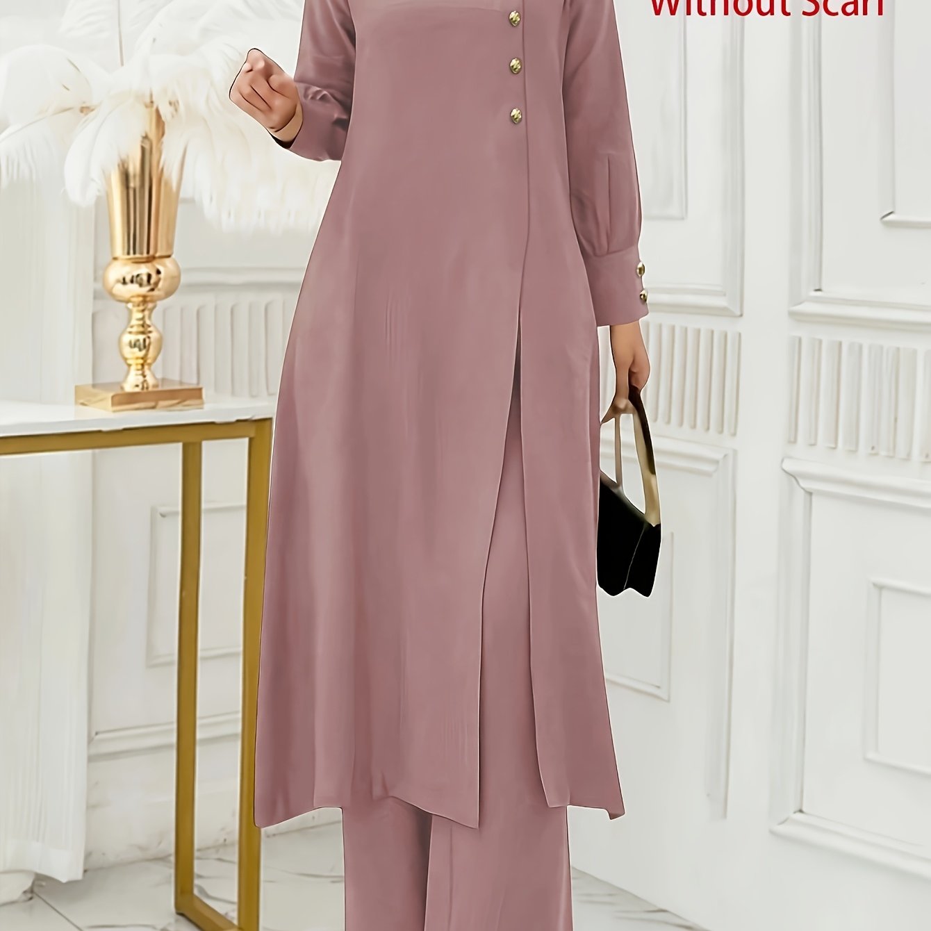 Ramadan, Women's Front-Button Long Sleeve Slit Dress & Pants Casual Arabic Style 2pcs Set, Only Clothes, Without Headscarf