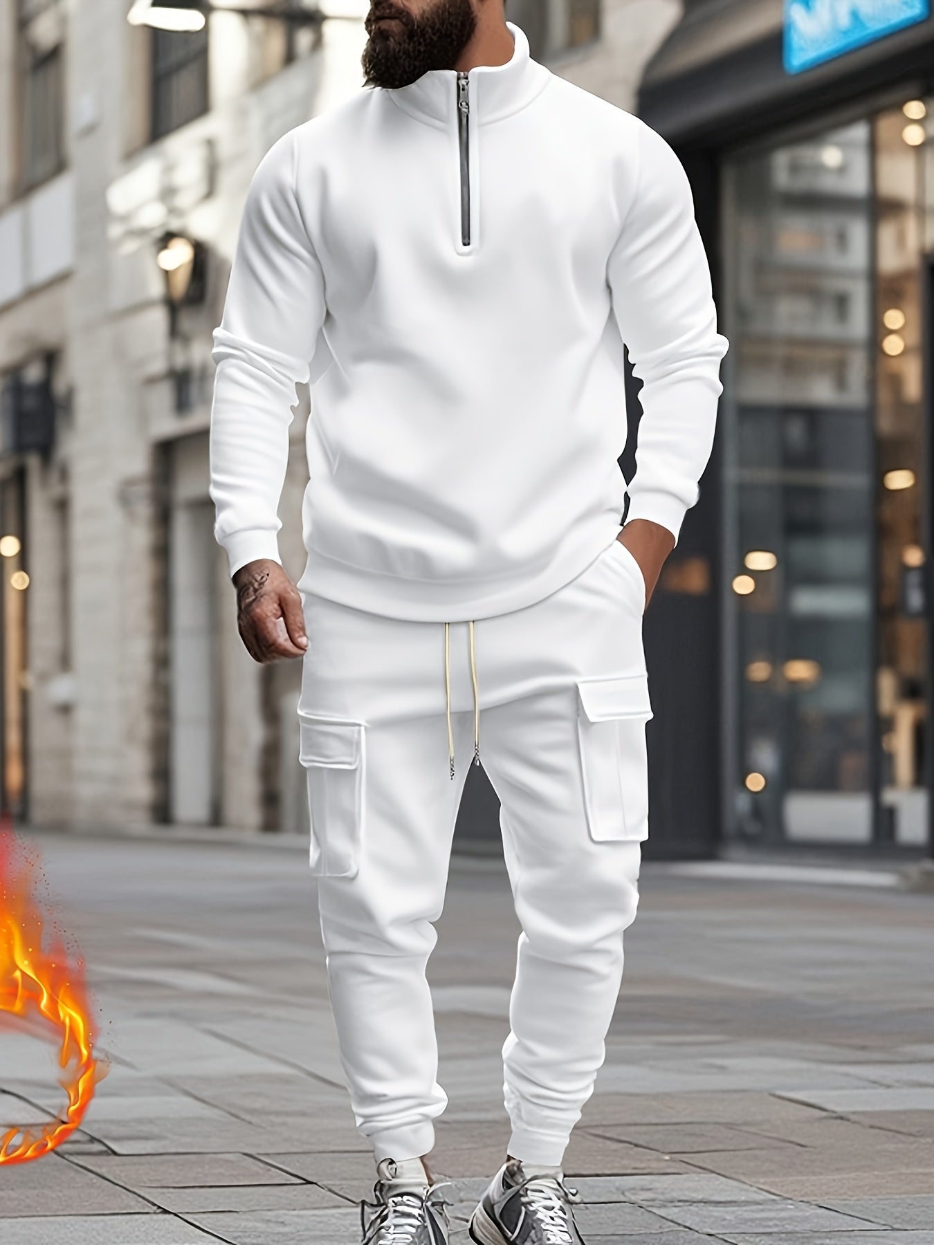 Versatile Ensemble, Men's Casual 2pcs Set: Heavyweight Zip-Up High Neck Sweatshirt & Pocketed Work Pants - Solid Color, Plush Fabric for Fall/Winter