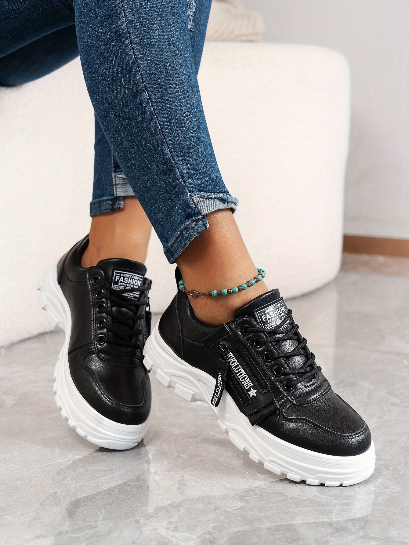 Women'S Breathable Knit Sneakers - Lightweight Thick Sole Casual Walking Shoes in White & Black, Synthetic Cover Upper with Rubber Outsole, Lace-Up Low-Top Design for Indoor/Outdoor, Travel, Beach & Shopping - Cute Gift for M