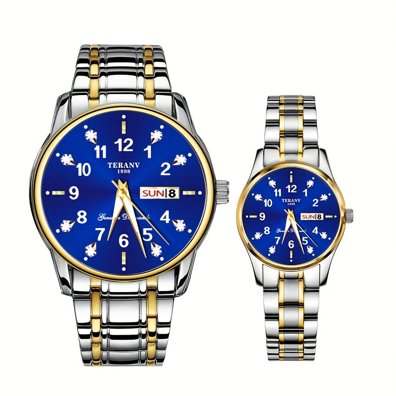 Two Stylish Digital Round Dial Couple'S Quartz Watches - IPX7 Waterproof, Luminous, Dual Calendar, Date and Day/Week Display, Alloy Strap Business Watches, Suitable for Women and Men, Valentine'S Day Gift Wristwatches