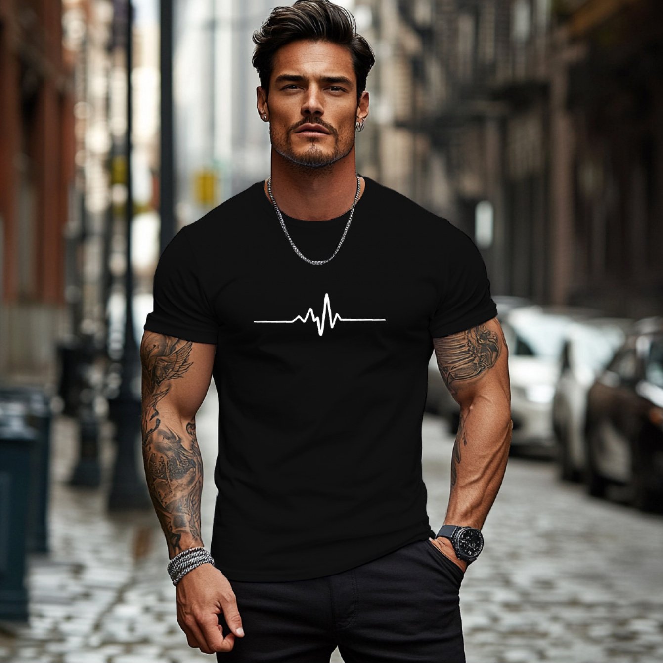 Men'S Brown T-Shirt with ECG Heartbeat Graphic - Casual Streetwear, Short Sleeve, Round Neck, Stretch Fabric, All-Season Comfort, Casual Streetwear Tee | Round Neck Tshirt | Comfortable Fit
