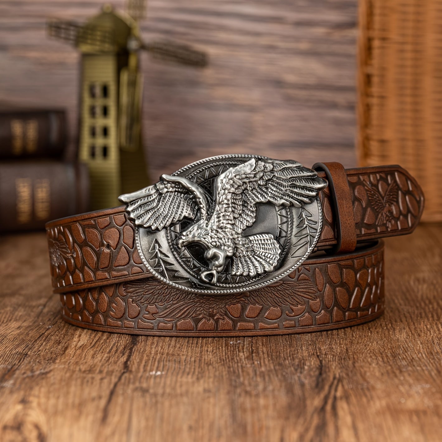 Oval Eagle Large Buckle Belt, Embossed PU Leather Belt, Men's Belt, Ideal choice for Gifts