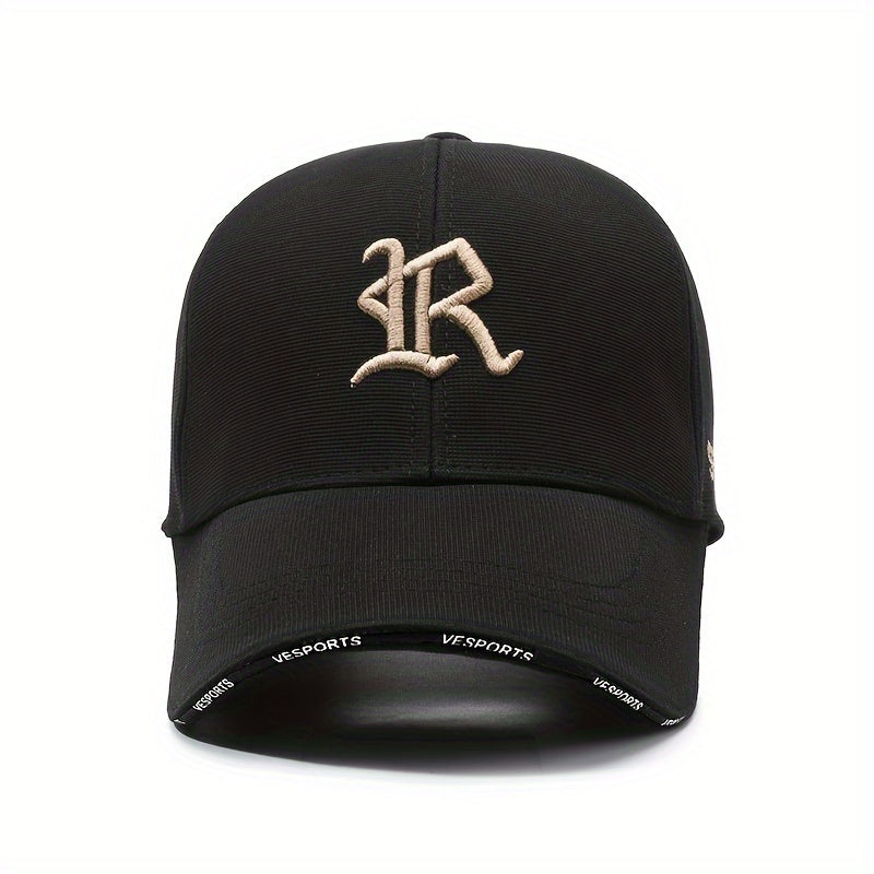 "R" Embroidered Baseball Cap - Sleek Black Dad Hat with Curved Brim, Comfortable & Breathable, Ideal for Outdoor Activities, One Size Fits All