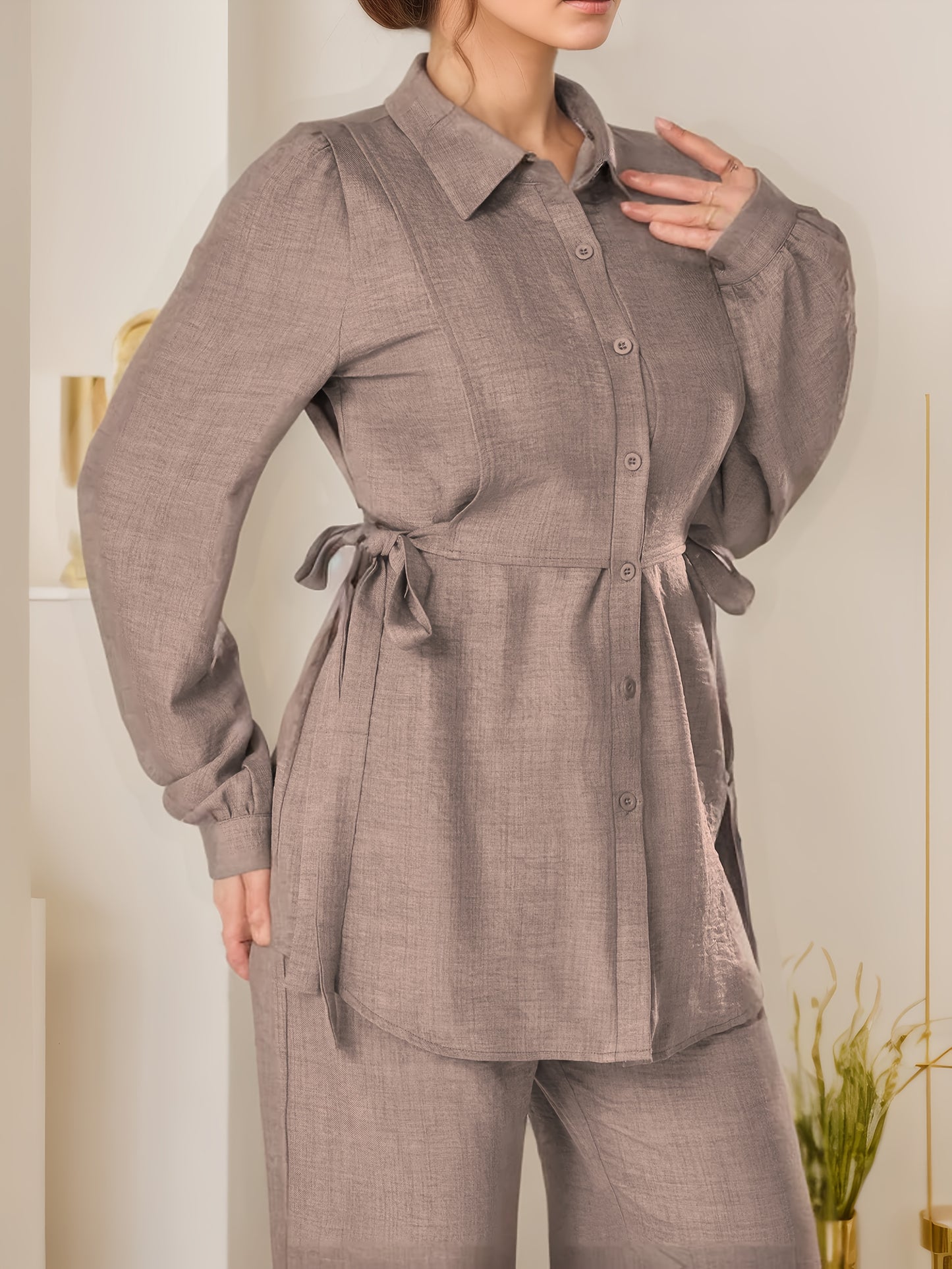 Two-Piece Abaya Set with Wide-Leg Pants, Long Sleeve Design with Back Tie, Suitable for Office and Daily Wear, Soft and Stretchable Fabric, Elegant Middle Eastern Style, Comfortable, Machine Washable, Practical and Stylish
