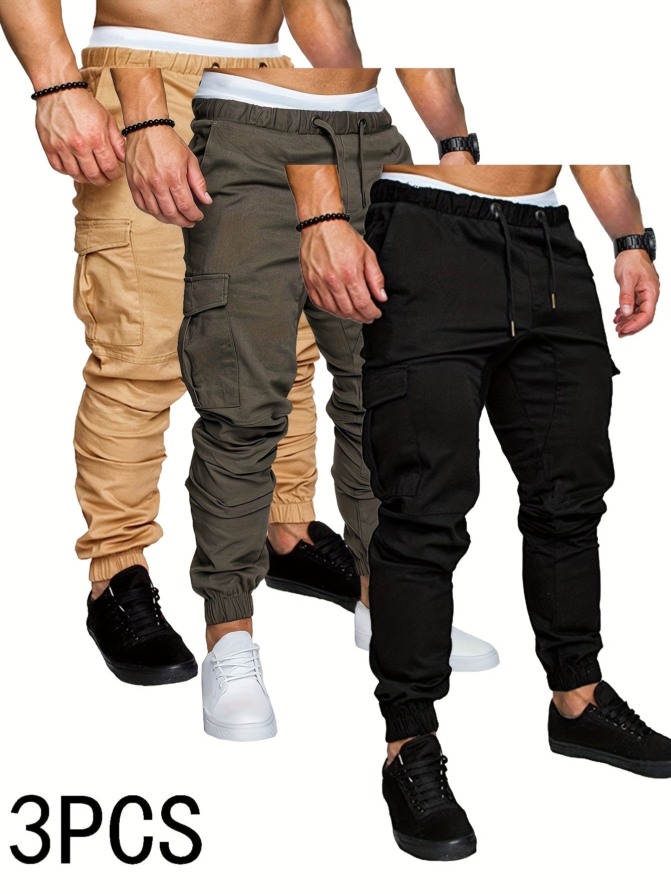 3-Pack Men'S Casual Cotton Cargo Pants, Solid Color, Non-Stretch, Regular Length, Drawstring Waist, Four Seasons, Standard Fit, Woven Fabric