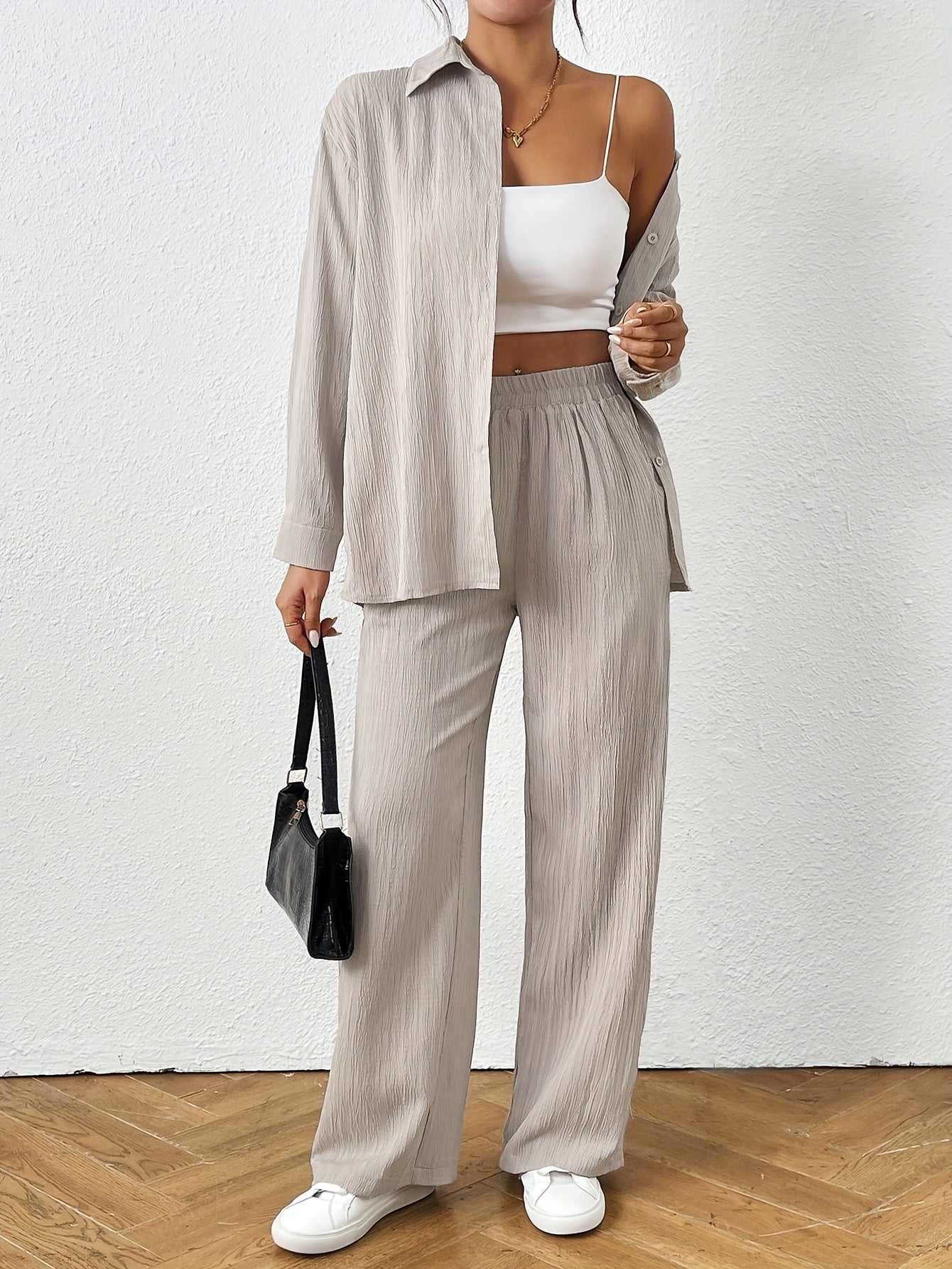 2pcs Women's Spring Autumn Casual Solid Color Long Sleeve Shirt and Pants Set