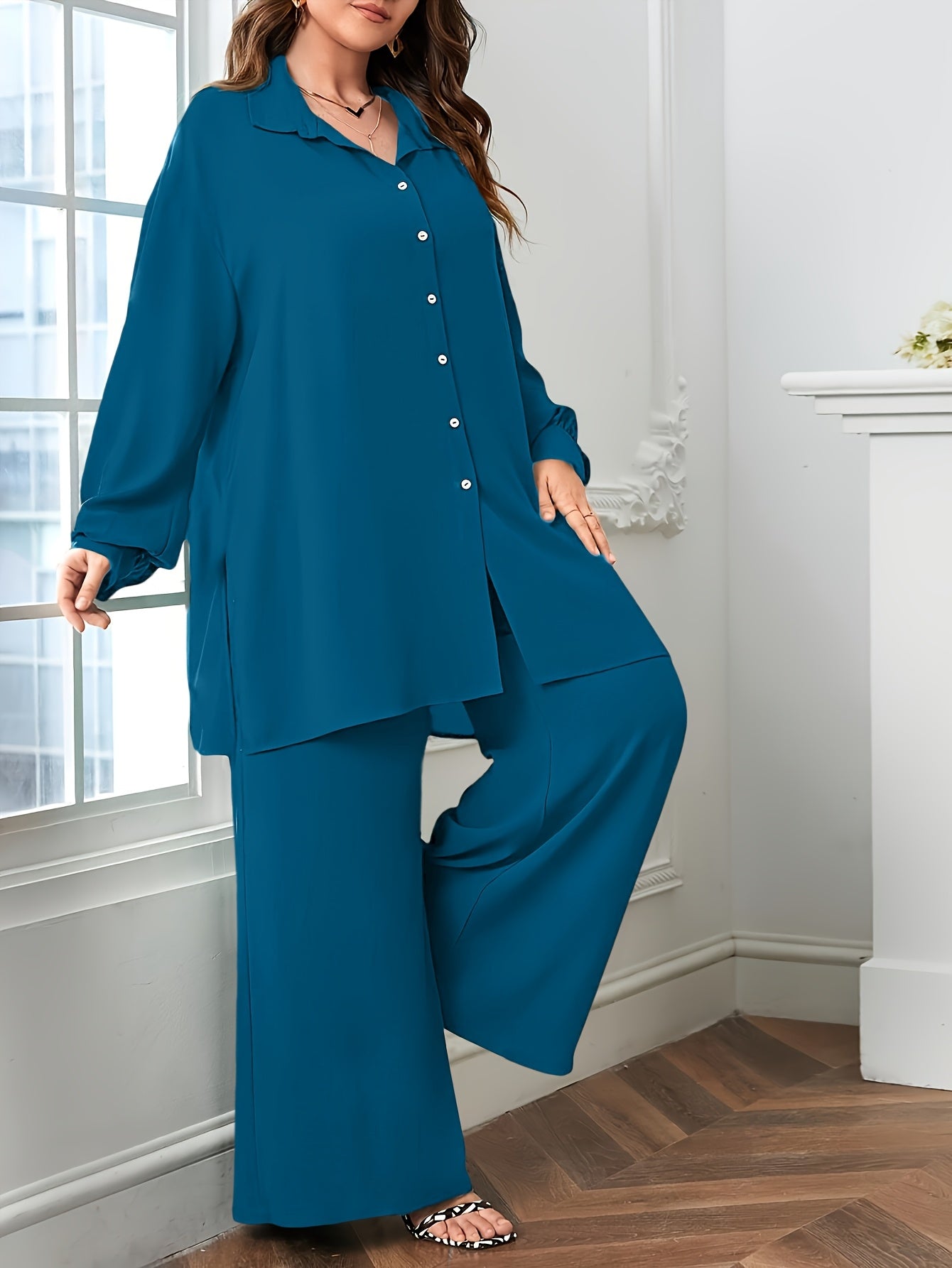 Elegant Plus Size Women'S Two-Piece Set: Stylish V-Neck Blouse & Wide Leg Pants - Perfect for Formal Occasions, Plus Size Blouses