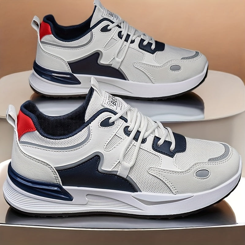 Men's Plus Size Breathable Mesh Casual Sneakers - Low-Top Lace-Up Walking Shoes with Cushioned PVC Sole, All-Season Outdoor & Daily Wear in White/Navy/Red Accents, Outdoor Footwear | Modern Sneakers | Durable Fabric Shoes