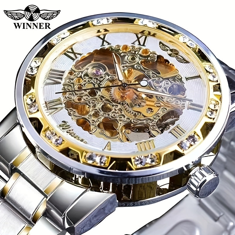 Fashion Classic Roma Watch Men Luxury Golden Skeleton Mechanical Hand Watches Casual Business Wristwatches Men Blue & Golden Accents, Casual Yet Versatile, Best Seller, Ideal Gift, Mechanical Movement, Watch Accessories, With