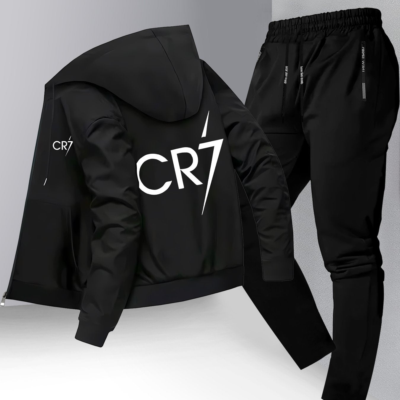 Men'S Trendy CR7 Print Hooded Jacket and Pants Set, Casual Business Suit, Youth Casual Sports Baseball Uniform with Stand Collar