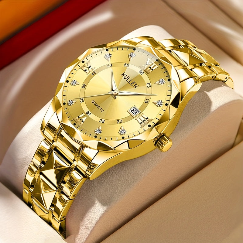 Men's Stylish Business Quartz Watch with Stainless Steel Strap & Alloy Case, Round Blue Dial with Golden Accents – Elegant Analog Display for Formal Occasions, Valentine's Day, Thanksgiving, and Ramadan Gifts