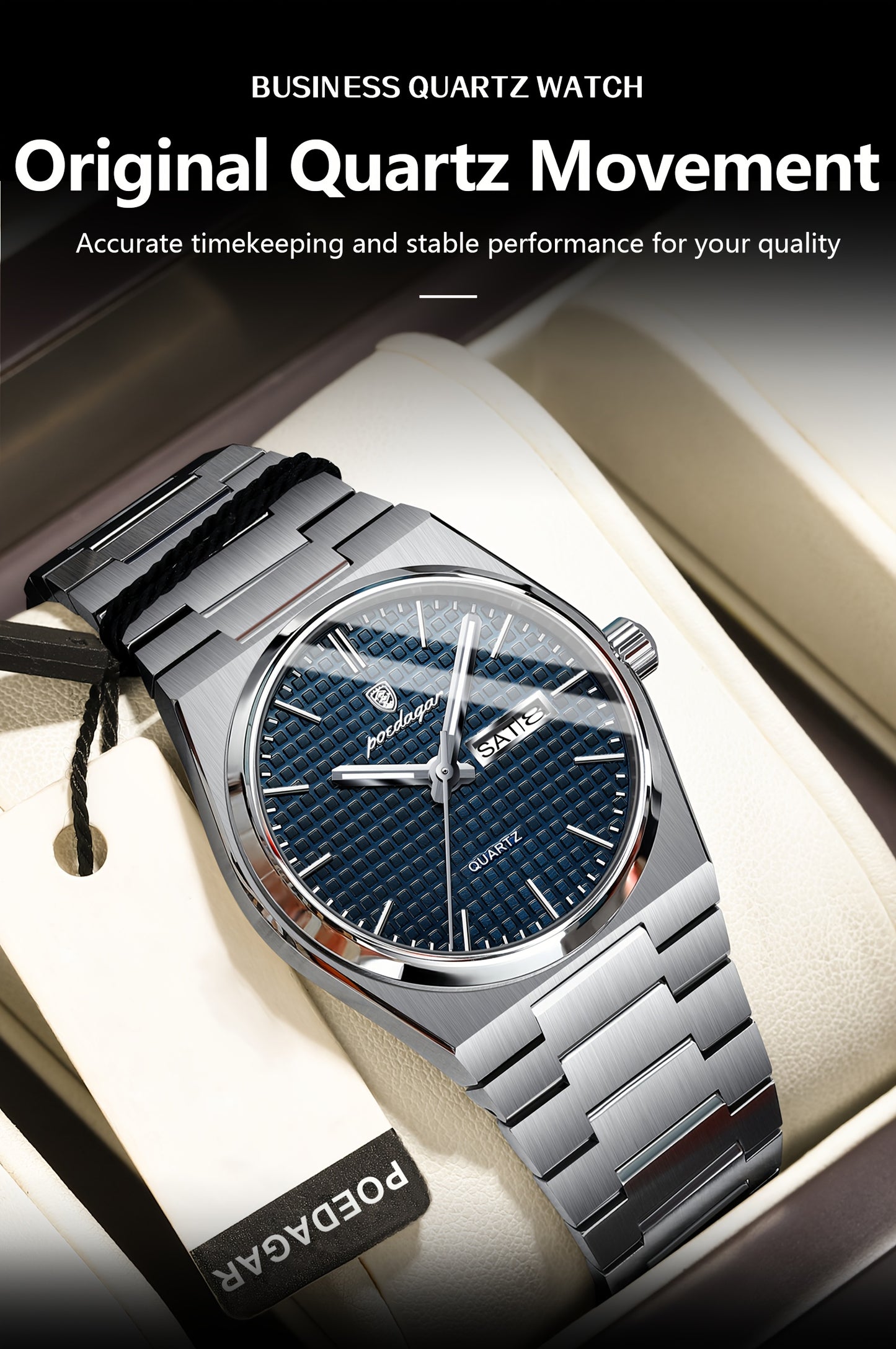 POEDAGAR Elegant Women'S Quartz Watch, Luminous Calendar, Stainless Steel Band, Round Alloy Case, Fashionable Night-Glowing Dial with Blue & Orange Accents