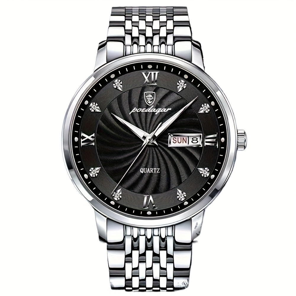 POEDAGAR Men's Luxury Retro Calendar Watch with Blue Dial, Date & Day Display, Quartz Movement, Stainless Steel Band - Perfect Gift for Students & Professionals, Student Wristwatch | Retro Wristwatch | Decorative Dial