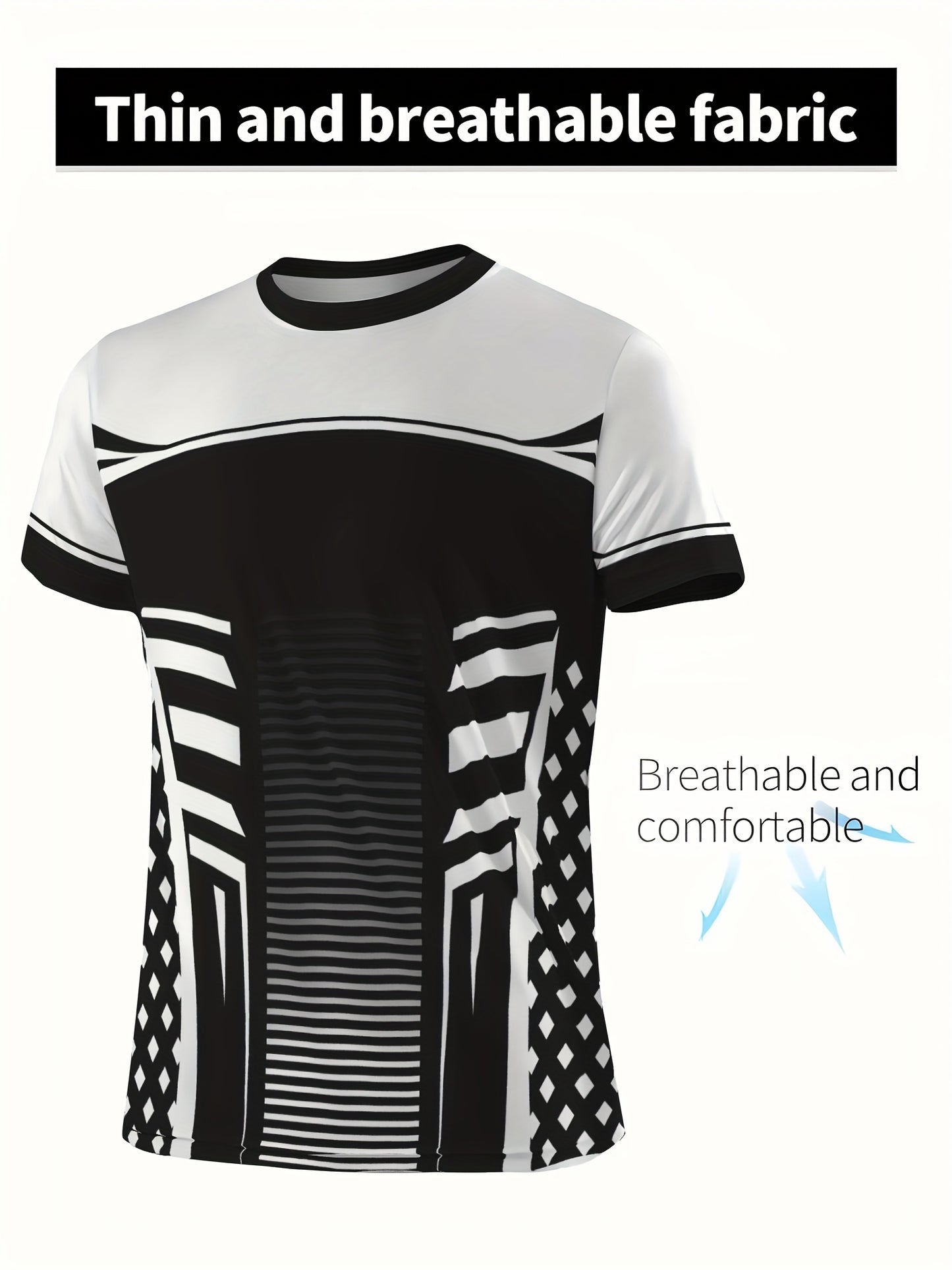 Geometric print high stretch skinny fit short sleeve crew neck T-shirt, quick-drying sports top for summer fitness, training and gym wear